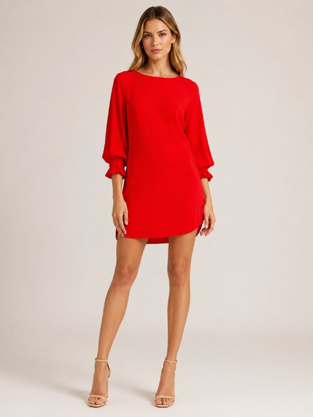 Maje Red Mini Shift Dress Size 1 Small Smocked 3/4 Sleeve